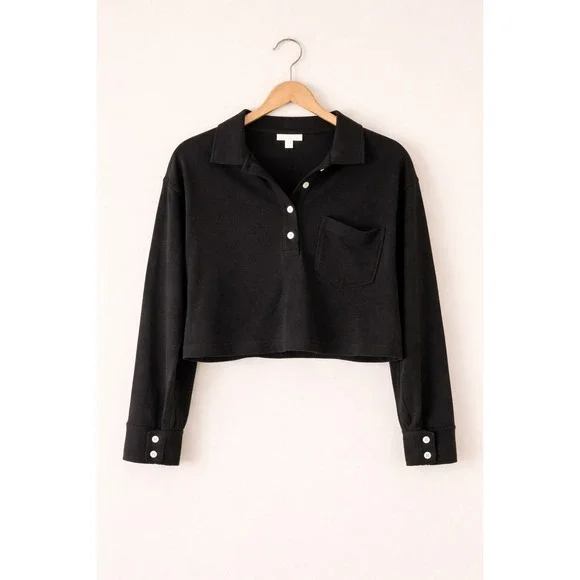Every Black Cropped Long Sleeve Polo Pullover Womens XS Minimalist preppy grunge - Picture 1 of 8
